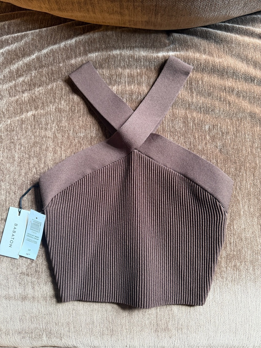 NWT Babaton Brown Ribbed Cross-Back Crop Top